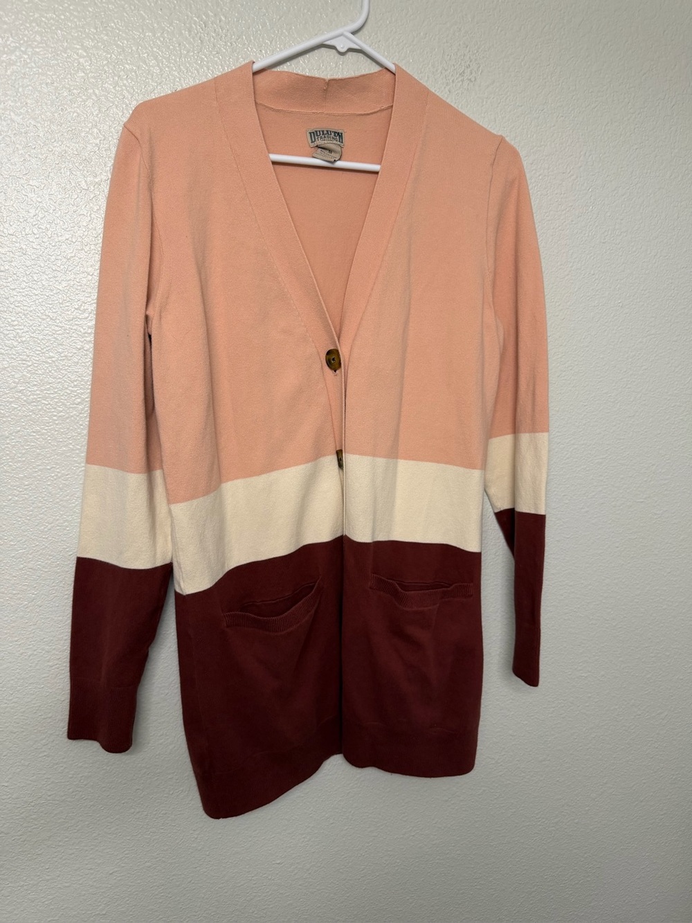 Duluth Trading Co Peach, Cream & Burgundy Colorblock Cardigan SZ M